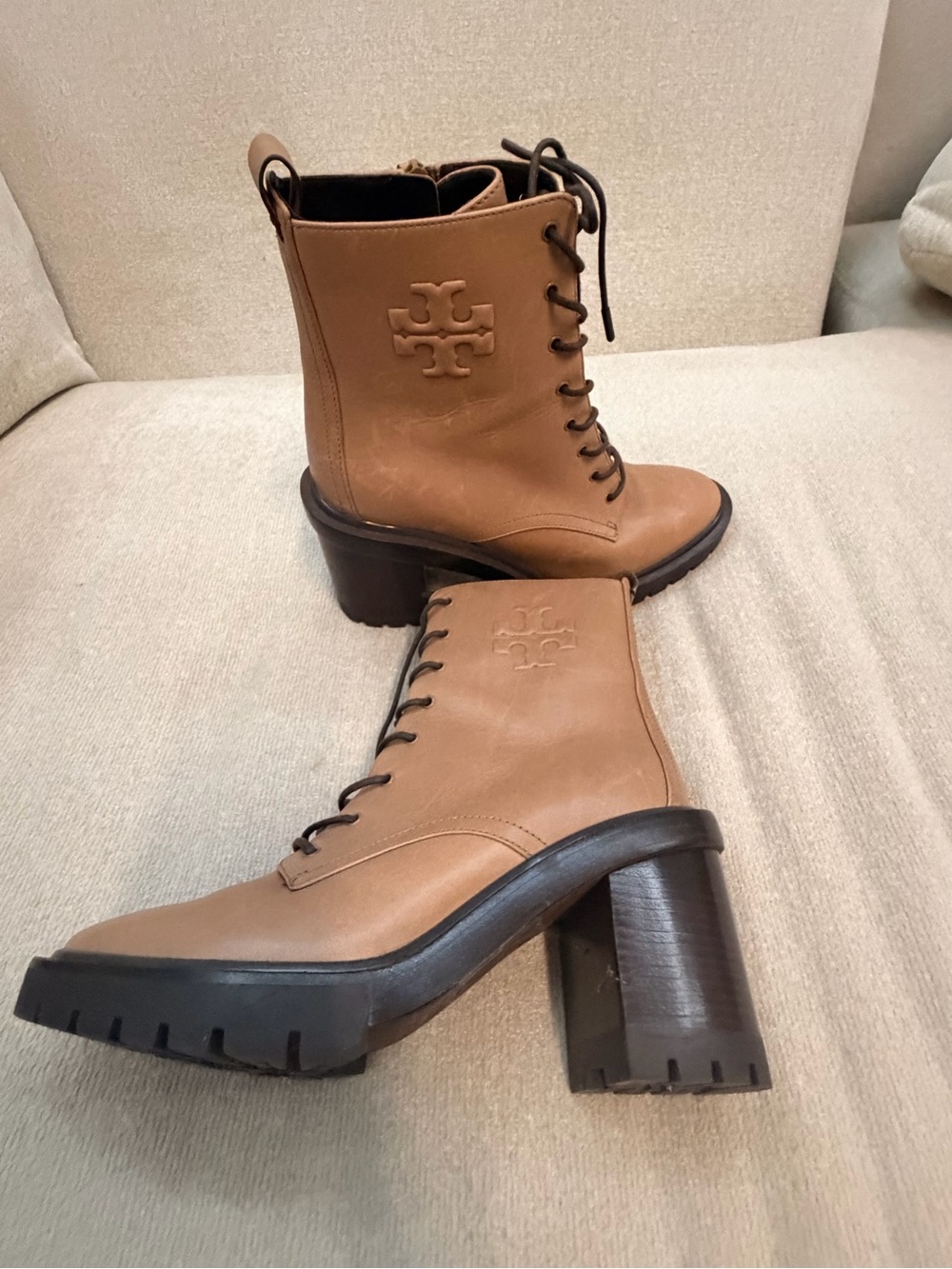 Tory Burch Beige/Tan Lace-Up Lug Heel Boots - Picture 3 of 6